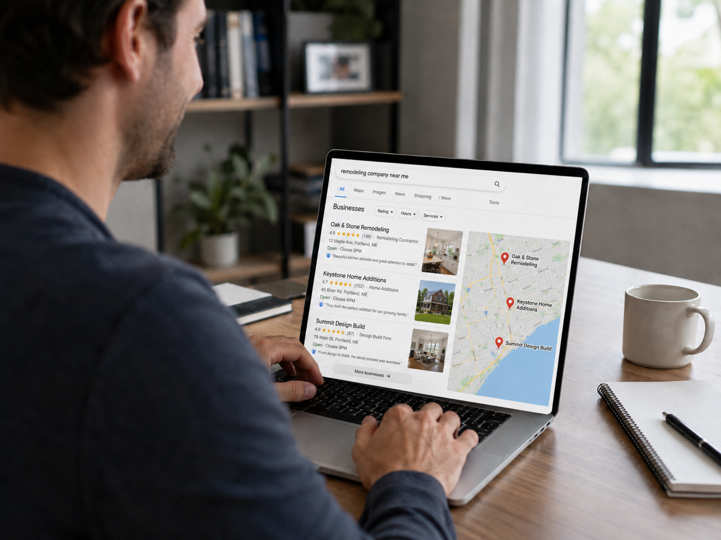 Homeowner reviewing remodeling company search results and local map listings on a laptop