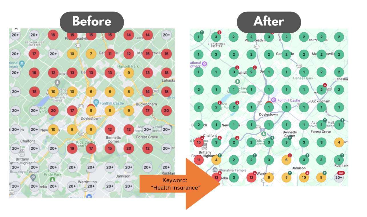 Before and after map ranking comparison showing local search visibility improvement for a remodeling company