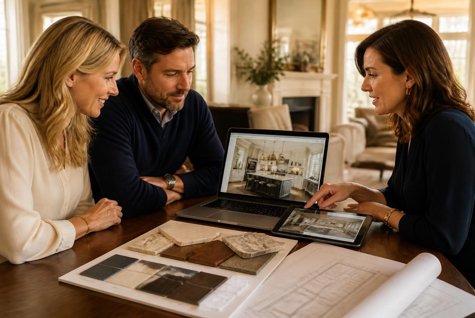 Homeowners and a remodeling designer reviewing a remodeling company's website, project photos and material selections